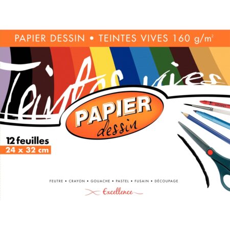 Pochette de feuilles dessin - 160 g - 24x32 - couleurs assorties : x12